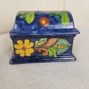 Talavera Mexican pottery trinket box domed chest lid hand painted Cobalt 5”